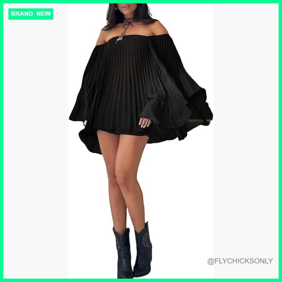 Pleated Shorts Set with Off Shoulder Bell Sleeve Top